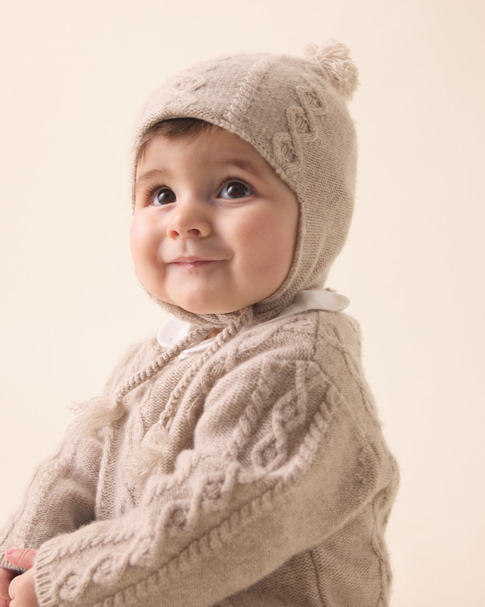 Benny Cable Knit Hat and Booties Set - Oat Brown | Marie-Chantal