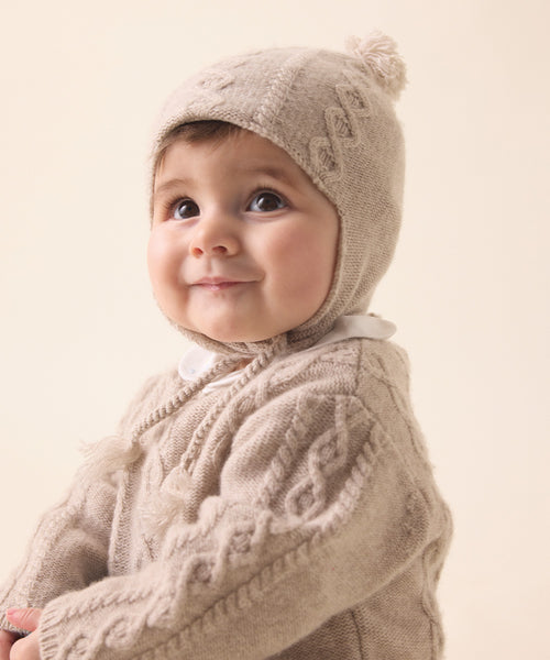 Benny Cable Knit Hat and Booties Set - Oat Brown