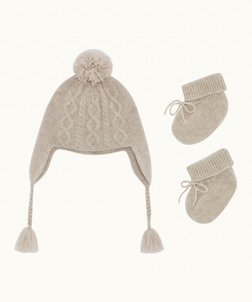 Benny Cable Knit Hat and Booties Set - Oat Brown