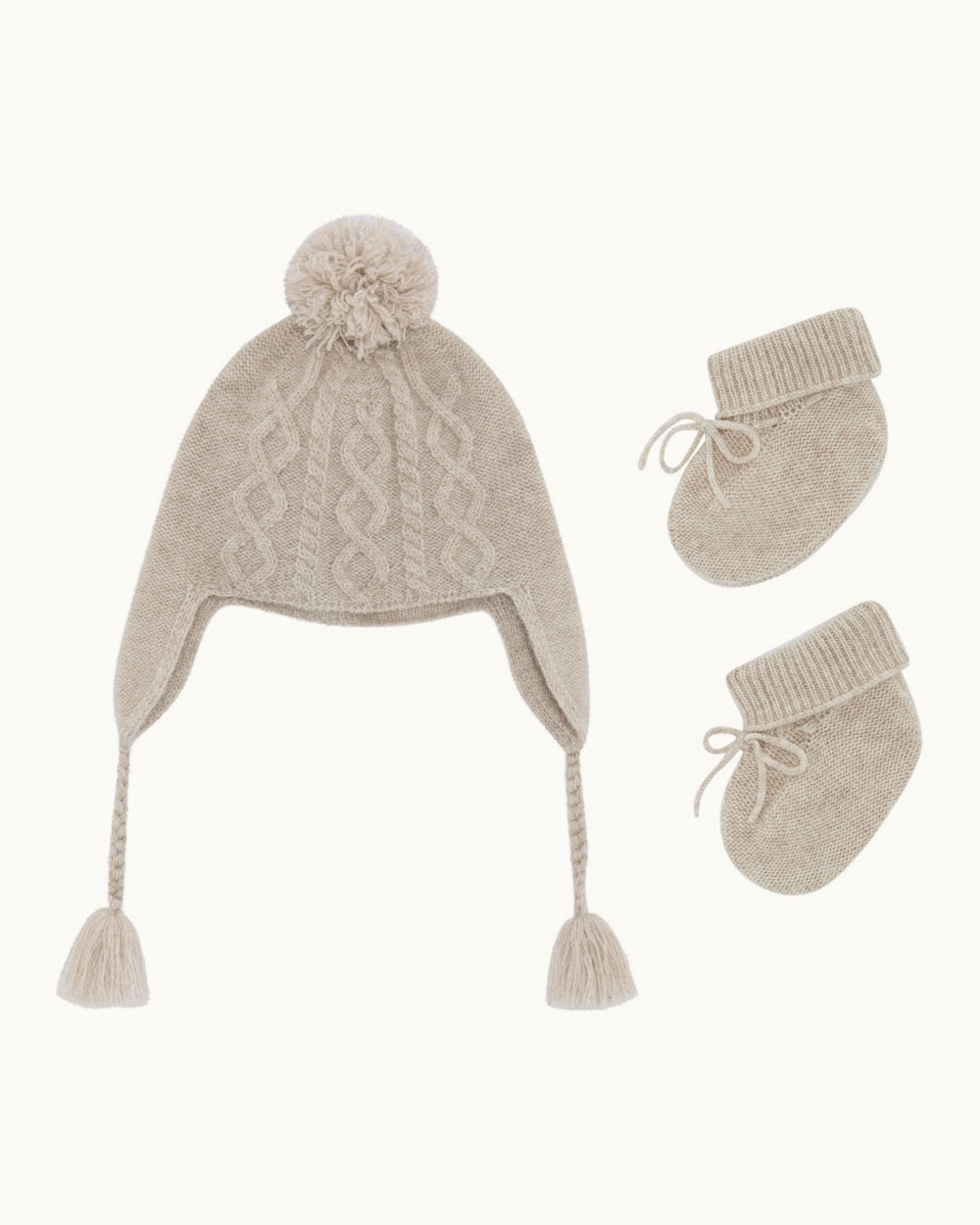 Benny Cable Knit Hat and Booties Set - Oat Brown