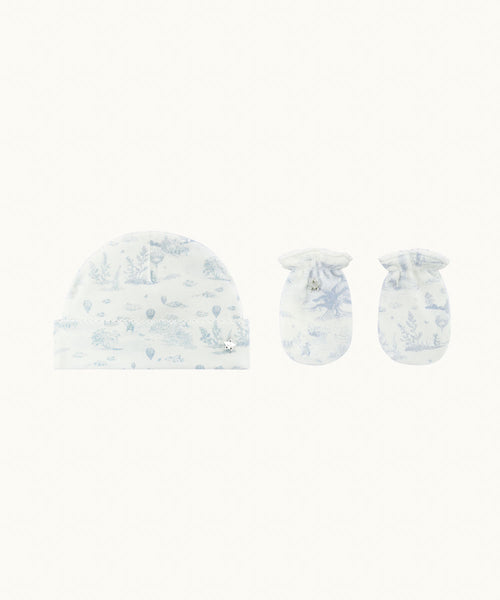 Delani Toile De Jouy Hat & Mittens Set - Blue