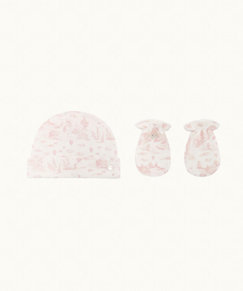 Delani Toile De Jouy Hat & Mittens Set - Pink